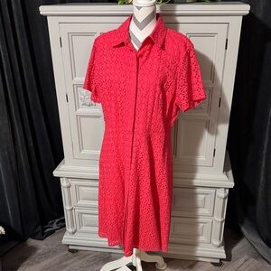 Preston & York Coral Button Down Eyelet Short Sleeve Dress Size 18